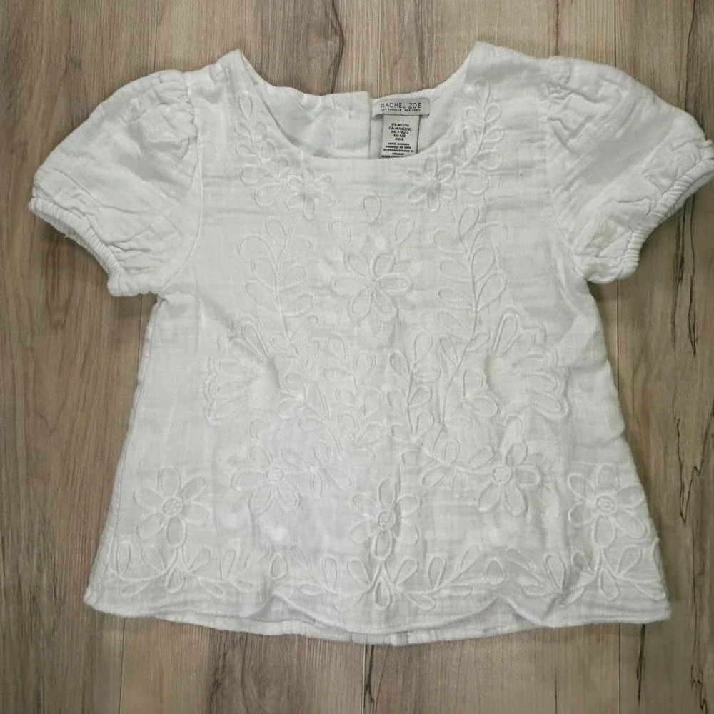 Girls 7 / 8 Rachel Zoe White Babydoll Top Button back Lined Embrodiered